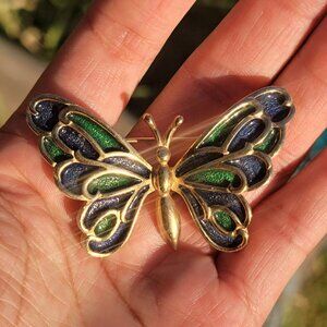 Stunning vintage gold blue and green enamel DYNASTY butterfly brooch